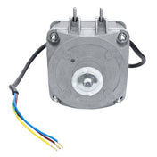 A metallic electric motor for Empura Ice Machines with a central white spindle, two mounting bolts on top, and four colored fan wires (red, yellow, blue, black) extending from a black cable on the left side, set against a white background.