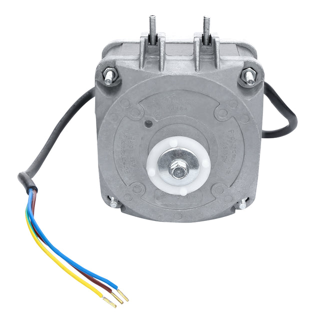 A metallic electric motor for Empura Ice Machines with a central white spindle, two mounting bolts on top, and four colored fan wires (red, yellow, blue, black) extending from a black cable on the left side, set against a white background.