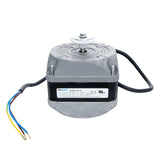 A compact electric motor with a metal housing, a white central shaft on top, and three exposed colored wires (yellow, blue, brown) extending from the side—ideal as a fan replacement for Empura Ice Machines or other Empura Parts. Label with technical details included.