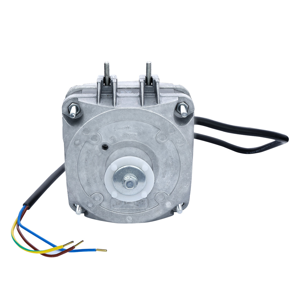 A silver electric motor with a square, metallic body, exposed bolts, and a central cylindrical shaft. Several colored wires extend from the side, and two black cables are connected at the top—compatible with Empura Ice Machines and fan applications.