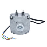 A silver electric motor with a square, metallic body, exposed bolts, and a central cylindrical shaft. Several colored wires extend from the side, and two black cables are connected at the top—compatible with Empura Ice Machines and fan applications.