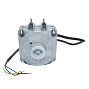 A silver electric motor with a square, metallic body, exposed bolts, and a central cylindrical shaft. Several colored wires extend from the side, and two black cables are connected at the top—compatible with Empura Ice Machines and fan applications.