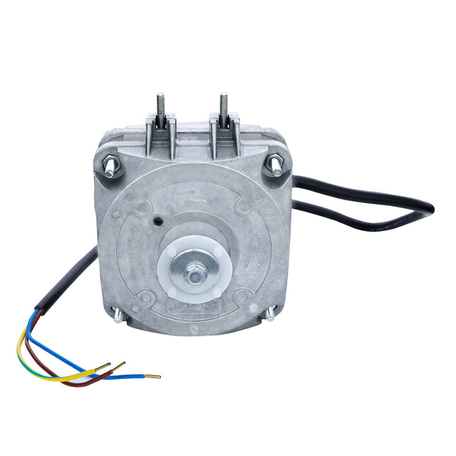 A silver electric motor with a square, metallic body, exposed bolts, and a central cylindrical shaft. Several colored wires extend from the side, and two black cables are connected at the top—compatible with Empura Ice Machines and fan applications.