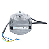 A silver, circular electric motor fan with a label on the front, two mounting bolts, a white plastic shaft on top, and four colored wires for electrical connections—designed as a replacement for Empura Ice Machines and compatible Empura Parts.