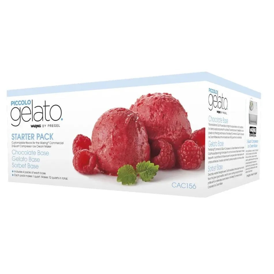 A Piccolo Gelato Starter Pack featuring two scoops of raspberry sorbet, garnished with fresh raspberries and mint. The box highlights Ice Cream Base, gelato, and sorbet bases, with product details and WCIC20 ingredients listed on the side.