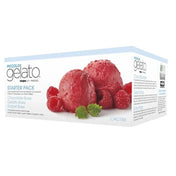 A Piccolo Gelato Starter Pack featuring two scoops of raspberry sorbet, garnished with fresh raspberries and mint. The box highlights Ice Cream Base, gelato, and sorbet bases, with product details and WCIC20 ingredients listed on the side.