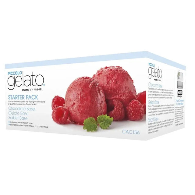 A Piccolo Gelato Starter Pack featuring two scoops of raspberry sorbet, garnished with fresh raspberries and mint. The box highlights Ice Cream Base, gelato, and sorbet bases, with product details and WCIC20 ingredients listed on the side.