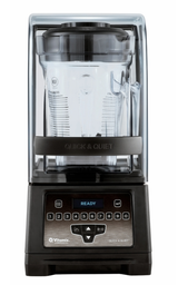 A black Vitamix Quick & Quiet Blender featuring a BPA-Free large transparent blending jar, clear sound enclosure, digital control panel, and numeric keypad. The display shows READY in blue letters above buttons for various blending settings.