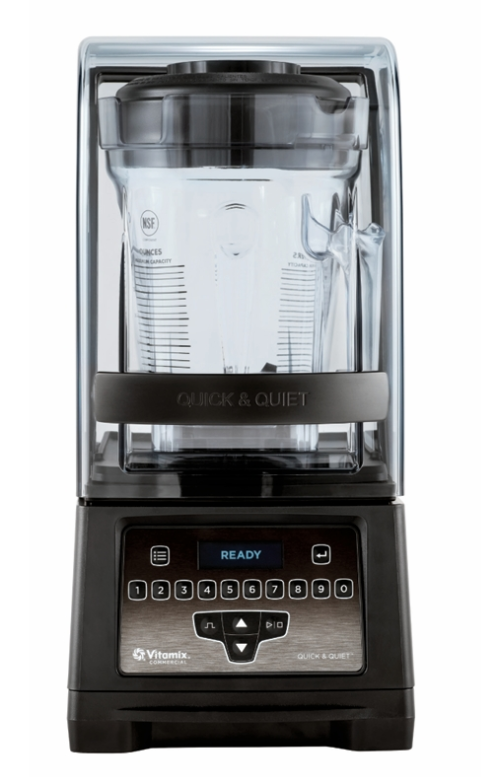 A black Vitamix Quick & Quiet Blender featuring a BPA-Free large transparent blending jar, clear sound enclosure, digital control panel, and numeric keypad. The display shows READY in blue letters above buttons for various blending settings.