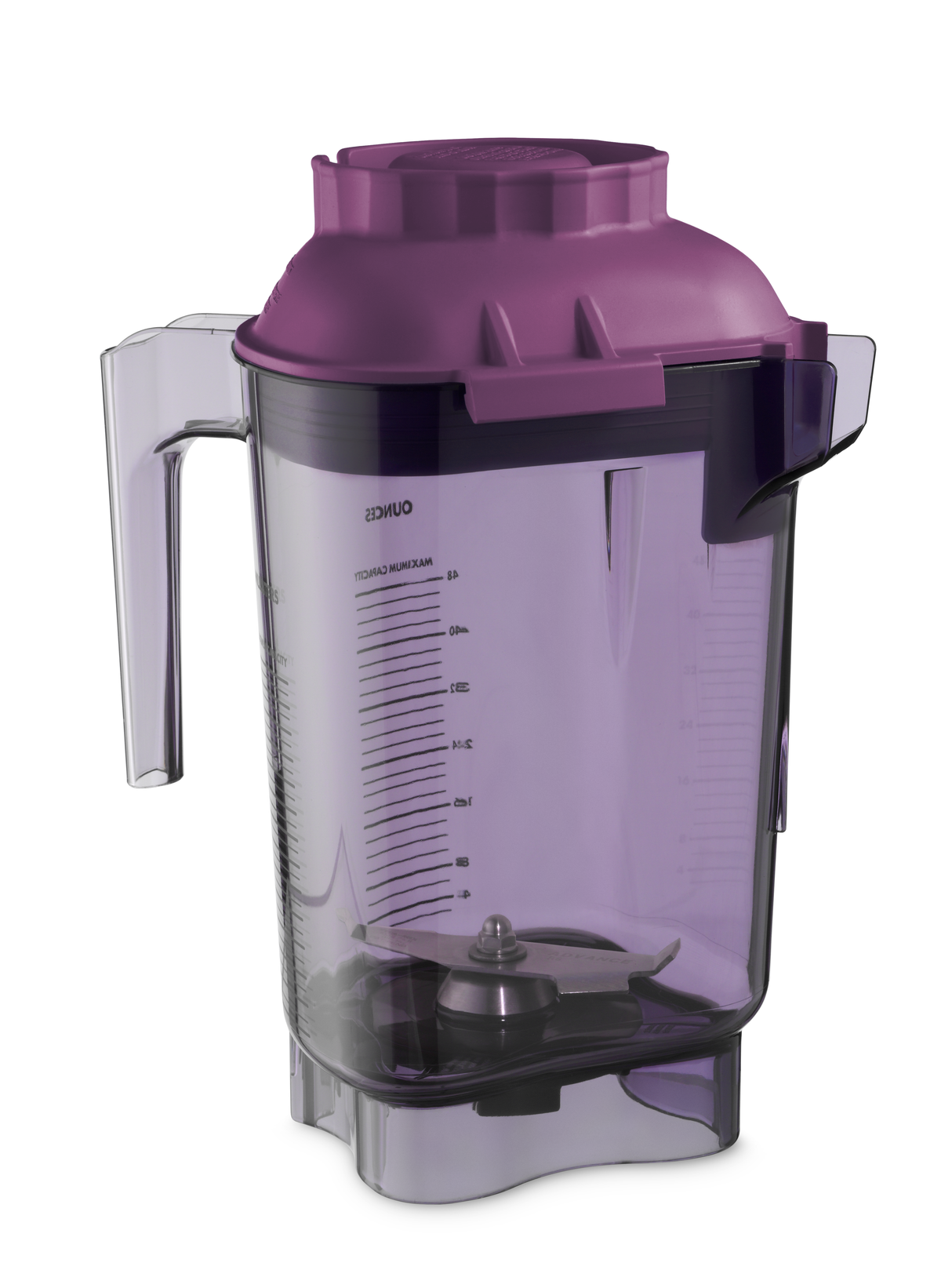 A translucent purple, BPA-free Vitamix Advance Blender Container features measurement markings, a left-side handle, spout on the right, matching purple lid, and visible stainless steel blade assembly at the bottom inside the pitcher.
