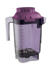 A translucent purple, BPA-free Vitamix Advance Blender Container features measurement markings, a left-side handle, spout on the right, matching purple lid, and visible stainless steel blade assembly at the bottom inside the pitcher.