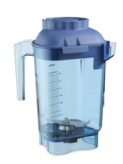 A transparent blue 48 oz Vitamix blender container made of BPA free Tritan, with measurement markings, a side handle, wide base with sharp stainless-steel blades, and a fitted purple lid. The empty pitcher stands upright on a white background.