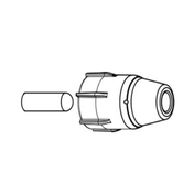 A black and white line drawing of a cylindrical object on the left and a conical, mechanical-looking connector on the right, resembling a valve assembly with four protruding fins and circular details, suggesting a plug and socket assembly.