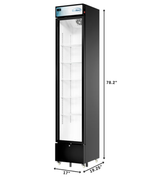 Tall, black commercial merchandiser refrigerator with a glass door, four interior wire shelves, and casters at the base. This slim refrigerator measures 78.2 inches high, 19.25 inches deep, and 17 inches wide, with the control panel on top.