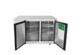 A stainless steel Atosa Back Bar Cooler commercial refrigerator with two open doors revealing three wire shelves inside. Featuring a shallow depth for convenient placement, it also has a green and white instruction label attached to the inside of the right door. The background is plain white.