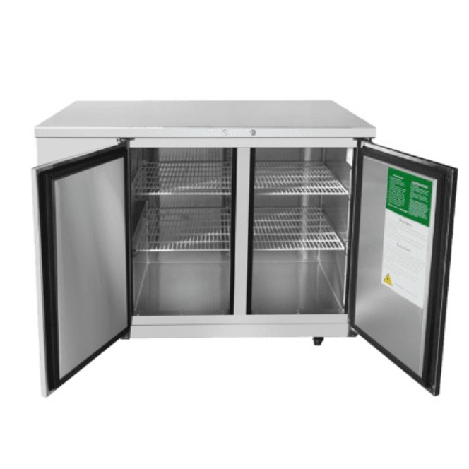 A stainless steel Atosa SBB48GRAUS1 Back Bar Cooler with two glass doors, both open. The interior has three metal wire shelves on each side. The inside of the doors features labels or instructions, one green and one white, with black text.
