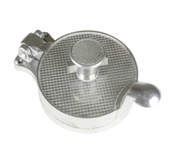 A round, aluminum alloy tortilla press with a textured grid pattern on its top plate, a central knob for pressing, and an adjustable curved handle on the right side, shown against a white background.