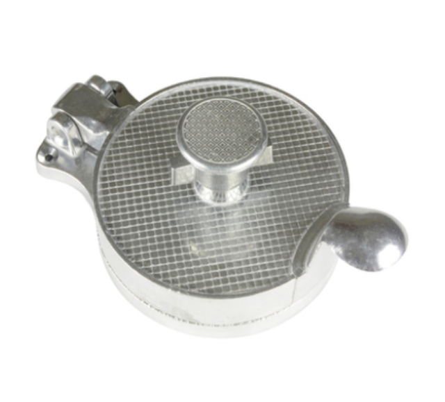 A round, aluminum alloy tortilla press with a textured grid pattern on its top plate, a central knob for pressing, and an adjustable curved handle on the right side, shown against a white background.