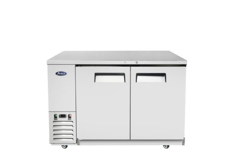 A commercial stainless steel undercounter refrigerator with shallow depth, two doors, ventilation vents and control buttons on the lower left, and wheels for mobility. The design is sleek and utilitarian, suitable for professional kitchens.