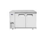 A commercial stainless steel undercounter refrigerator with shallow depth, two doors, ventilation vents and control buttons on the lower left, and wheels for mobility. The design is sleek and utilitarian, suitable for professional kitchens.