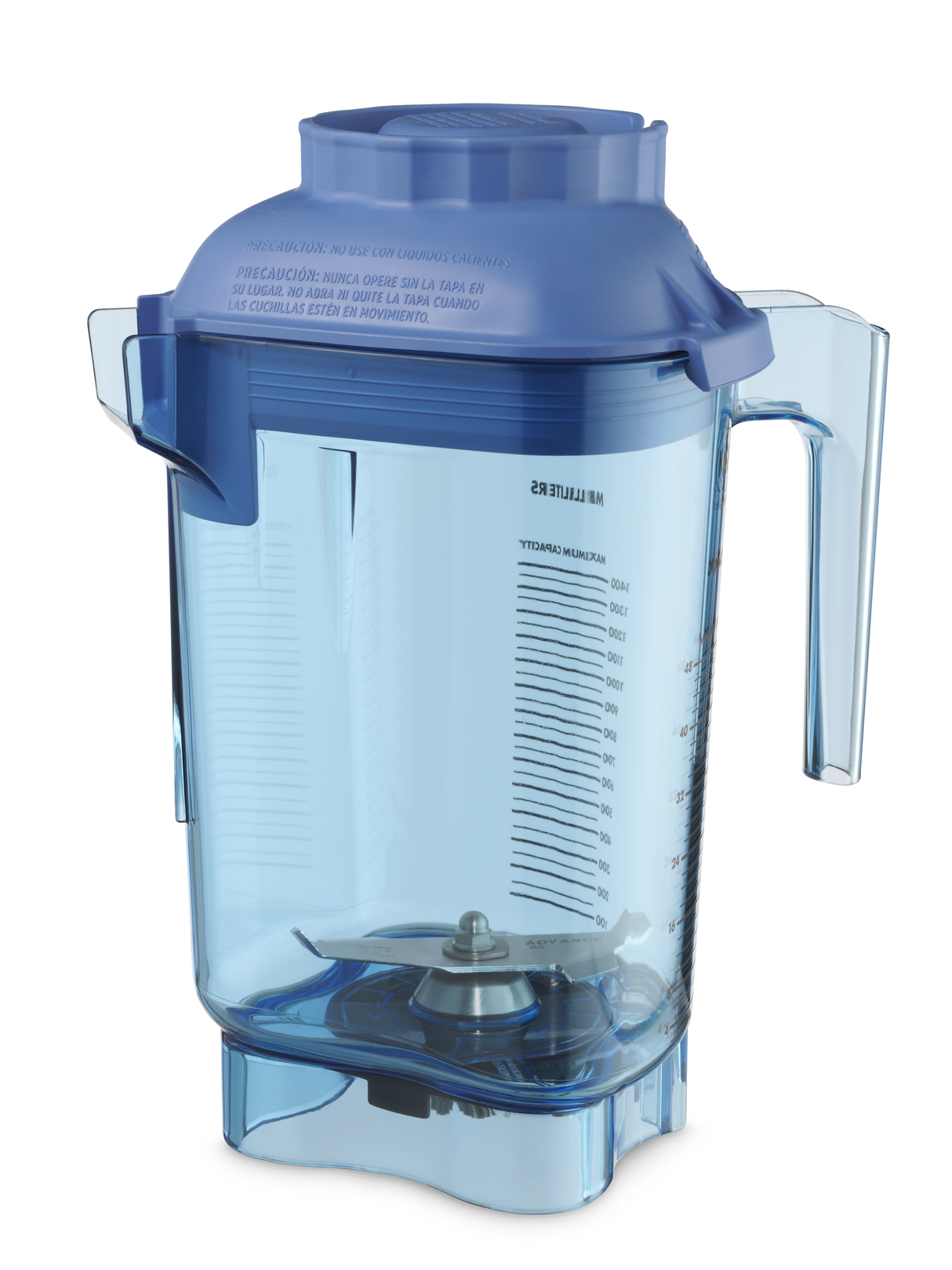 A transparent blue 48 oz Vitamix blender container made from BPA free Tritan, with measurement markings in milliliters and ounces, a right-side handle, left spout, blue lid, and metal blades. The empty jar stands on a white background.