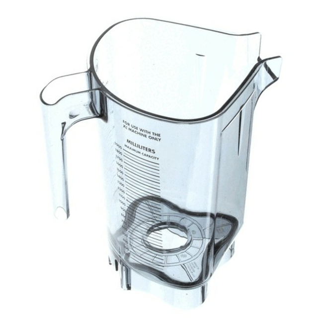 A transparent Tritan container blender jar with a handle, spout, and measurement markings. This 64 oz blender jar is empty, viewed from above and slightly to the side, highlighting its rectangular shape and central hole for attaching to a blender.
