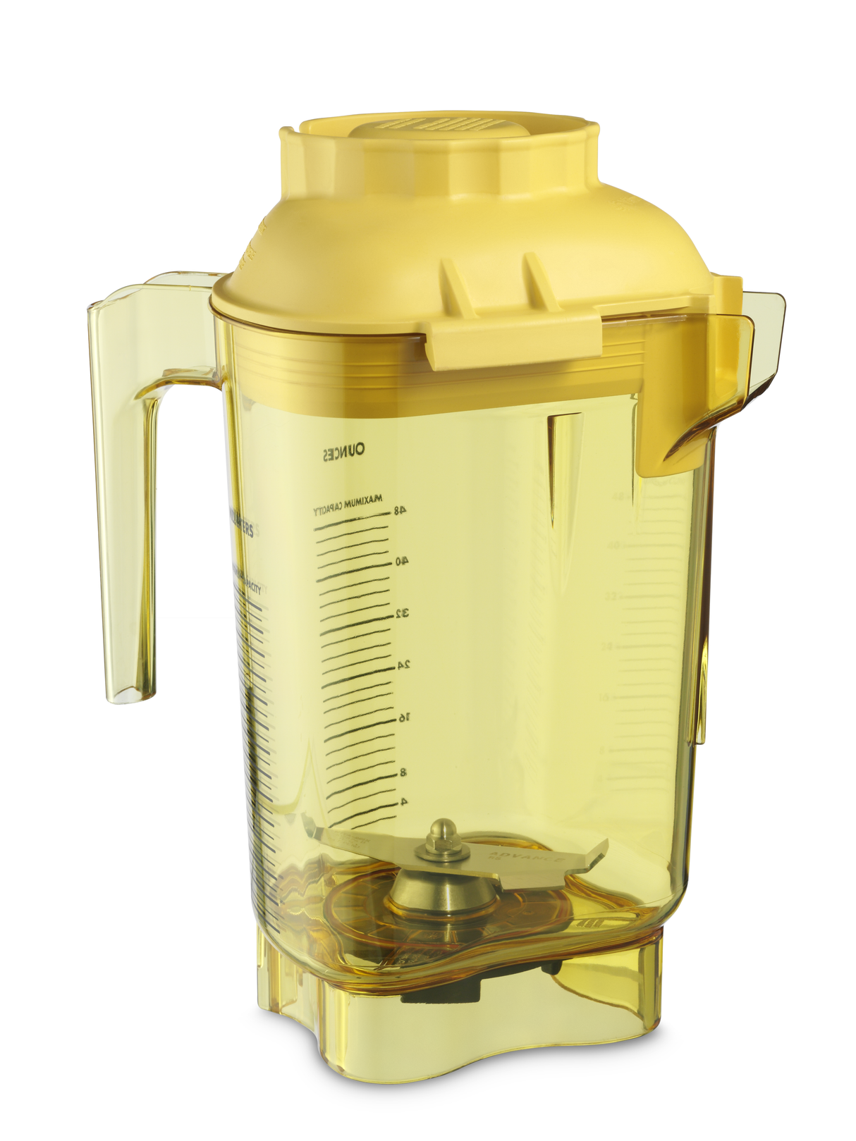 A translucent yellow 48 oz blender jar with measurement markings, a handle on the left, and a yellow lid. The clean Tritan container shows metal blender blades at the base and is angled slightly to the right on a white background.