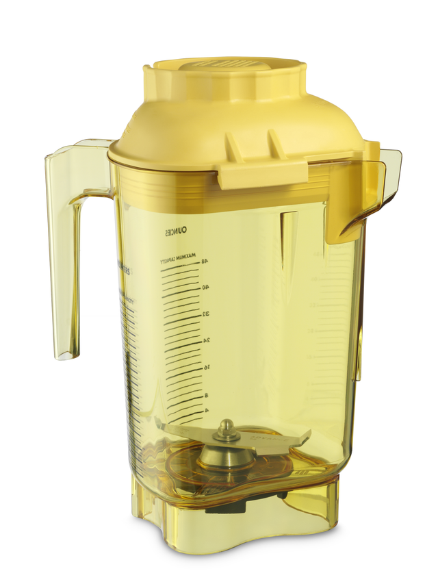 A translucent yellow 48 oz blender jar with measurement markings, a handle on the left, and a yellow lid. The clean Tritan container shows metal blender blades at the base and is angled slightly to the right on a white background.