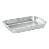 A shiny Admiral Craft stainless steel bake pan with rounded corners and slightly sloped sides sits empty on a plain white background. Its smooth, reflective surface highlights the minimalist design.