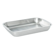 A shiny Admiral Craft stainless steel bake pan with rounded corners and slightly sloped sides sits empty on a plain white background. Its smooth, reflective surface highlights the minimalist design.