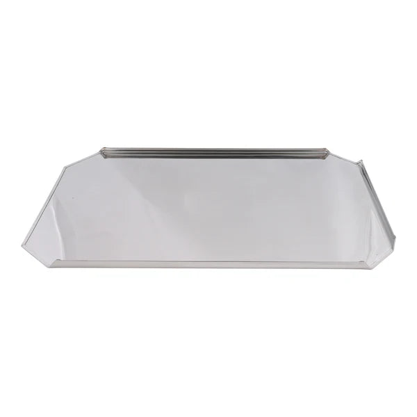 A rectangular silver tray with angled corners and a raised rim, shown on a white background. Featuring a smooth, reflective surface and minimalist design, this Admiral Craft sliding stainless steel tray is perfect for modern kitchens.