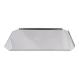 A rectangular silver tray with angled corners and a raised rim, shown on a white background. Featuring a smooth, reflective surface and minimalist design, this Admiral Craft sliding stainless steel tray is perfect for modern kitchens.
