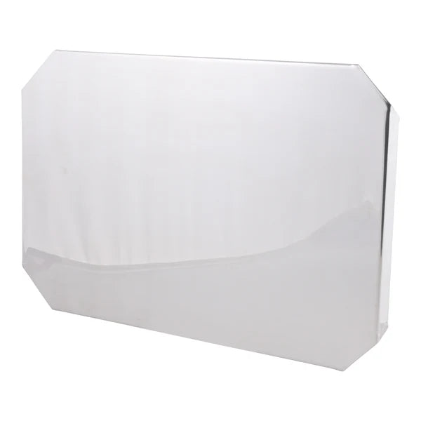 A rectangular Admiral Craft bake pan cover made of clear acrylic, with two top and two bottom corners cut at an angle to form an octagonal shape. The surface is shiny and reflective, set against a plain white background.