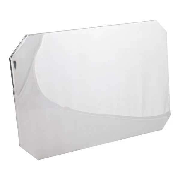 A rectangular, reflective chrome plate with beveled and angled top corners, shown standing upright against a white background. The smooth, shiny surface evokes a sliding stainless steel bake pan cover from Admiral Craft, emphasizing its metallic material.