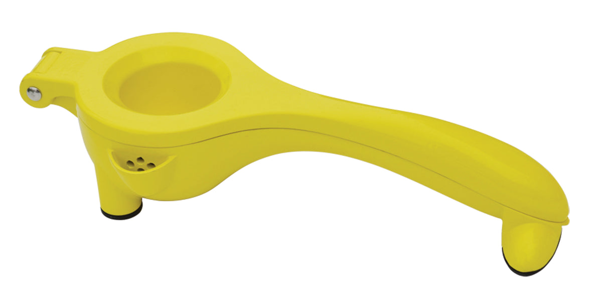 A yellow citrus hand squeezer made of coated zinc alloy, featuring a round bowl with small holes and two long handles connected by a hinge. The straining pour spout ensures easy juice flow. It’s positioned on a white background.