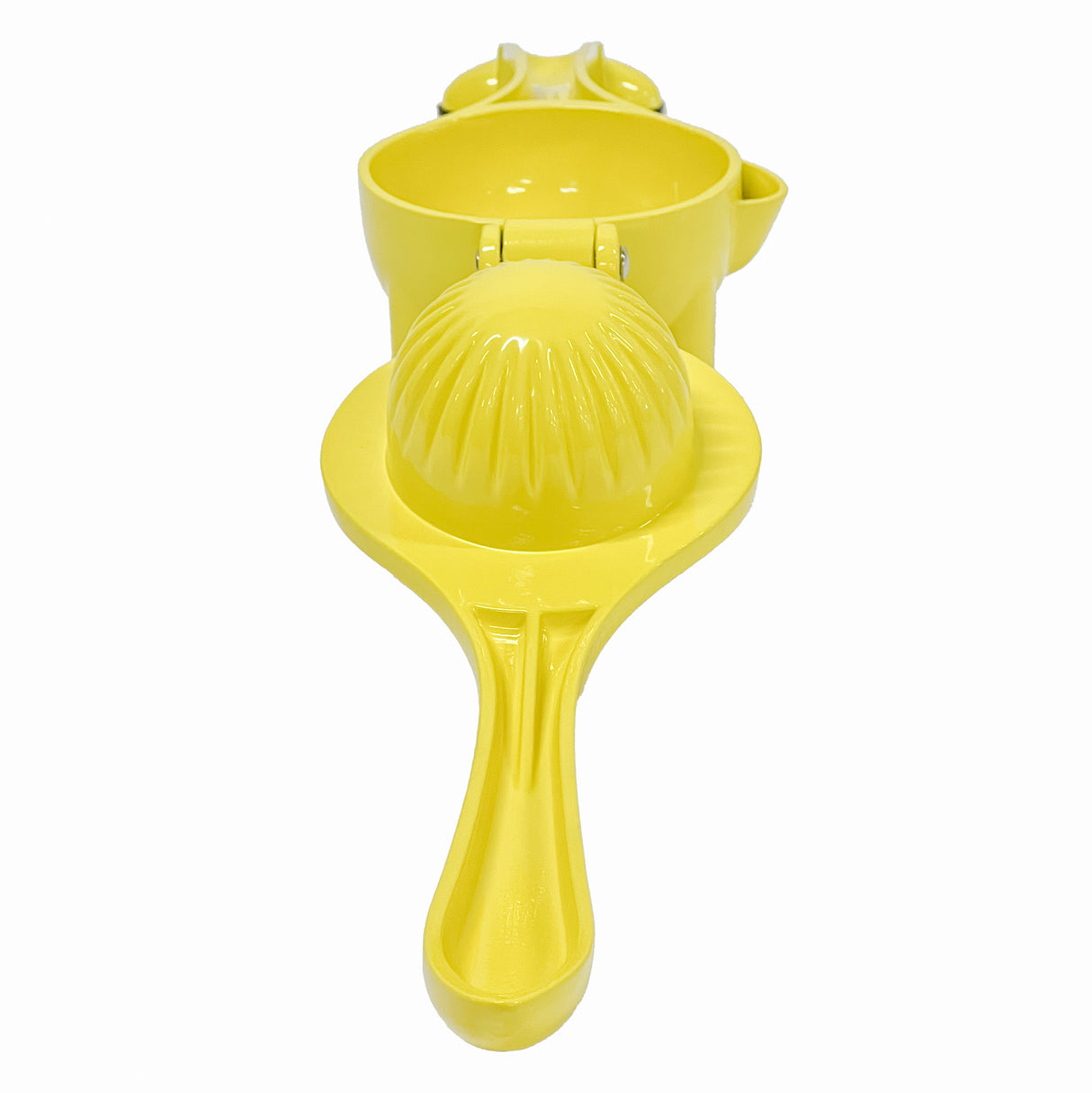 A bright yellow citrus hand squeezer made from coated zinc alloy is shown from above. It features a ridged, dome-shaped juicing cone, a bowl with a straining pour spout, and long handles. Perfect for squeezing citrus fruits. The background is plain white.