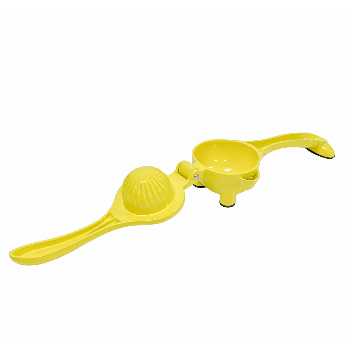 A yellow citrus hand squeezer with two handles, a ridged dome for pressing fruit, and a rounded cup with holes for juice extraction. Made from coated zinc alloy, the tool is open to reveal its inner surfaces and convenient straining pour spout.