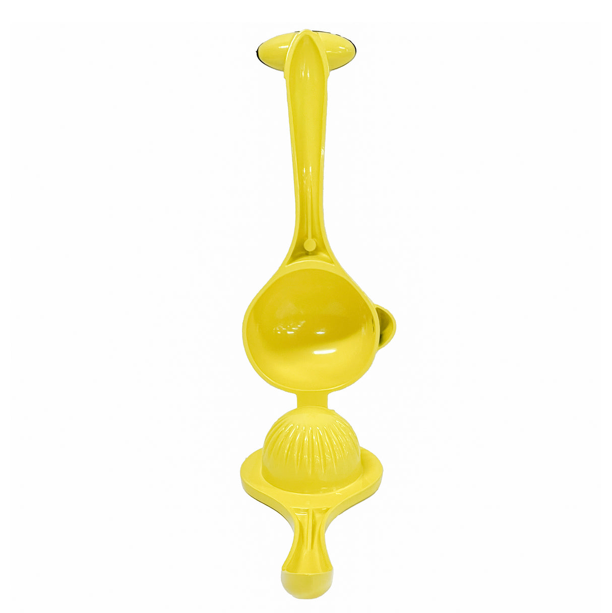 A bright yellow citrus hand squeezer is shown from above, featuring long handles, a round cup with straining pour spout and holes for juice extraction, and a ridged dome for pressing fruit halves. Made of coated zinc alloy with a glossy finish, it rests on a white background.