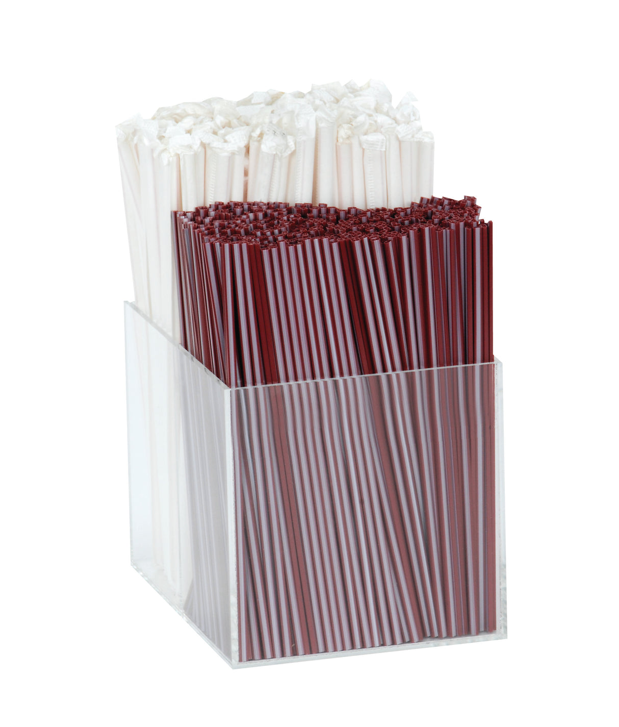 A clear acrylic organizer from the VCO series holds two groups of straws: white wrapped straws in the back section and unwrapped maroon straws in the front, both neatly arranged upright against a white background.