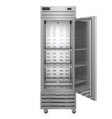 A tall Valiance Series Freezer stands on caster wheels. Its glass door is open, revealing three adjustable metal shelves inside. Air vents line the interior back panel, and a digital temperature display sits on the top front.