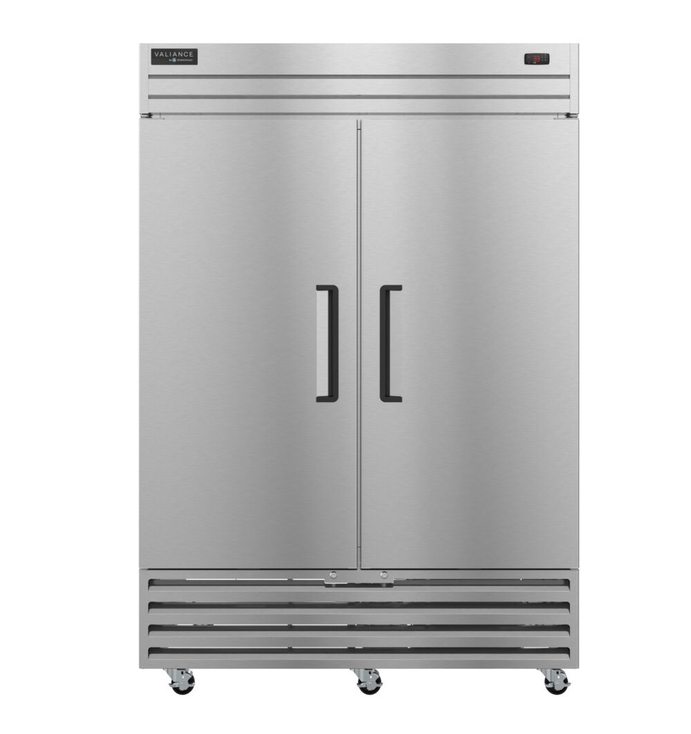 A large, stainless steel Hoshizaki freezer with two tall doors, black handles, vented grill at the bottom, and caster wheels. A small digital display and brand label are on the top right and left corners, respectively.