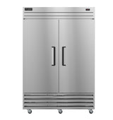 A large, stainless steel Hoshizaki freezer with two tall doors, black handles, vented grill at the bottom, and caster wheels. A small digital display and brand label are on the top right and left corners, respectively.