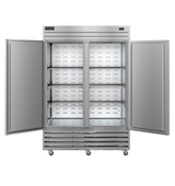 A large, industrial Hoshizaki freezer with two open doors reveals empty metal shelves inside. The unit sits on wheels and features a digital display panel at the top right. Both the interior and exterior are clean and reflective.