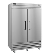 A large, commercial stainless steel double-door Valiance Series Freezer with black handles, vents at the bottom, small wheels for mobility, and a digital display on the top right. Its smooth, reflective surface features a rectangular brand label at the top left.