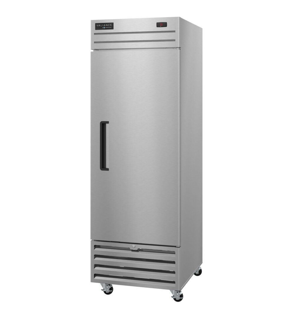 A tall Valiance Series Refrigerator with a solid stainless door, black handle, digital display on top, vented panel below, and four caster wheels for easy mobility, photographed against a plain white background.
