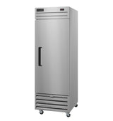 A tall Valiance Series Refrigerator with a solid stainless door, black handle, digital display on top, vented panel below, and four caster wheels for easy mobility, photographed against a plain white background.