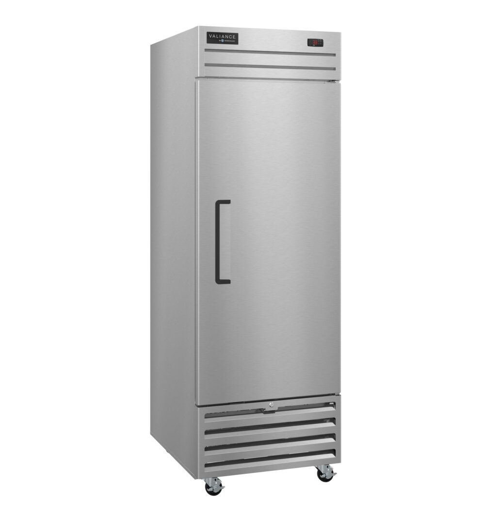 The Valiance Series Refrigerator is a tall, stainless door refrigerator with a single solid door, vertical handle, and digital display at the top right. Its modern, industrial design includes ventilation slats and four caster wheels for easy mobility.