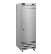 The Valiance Series Refrigerator is a tall, stainless door refrigerator with a single solid door, vertical handle, and digital display at the top right. Its modern, industrial design includes ventilation slats and four caster wheels for easy mobility.