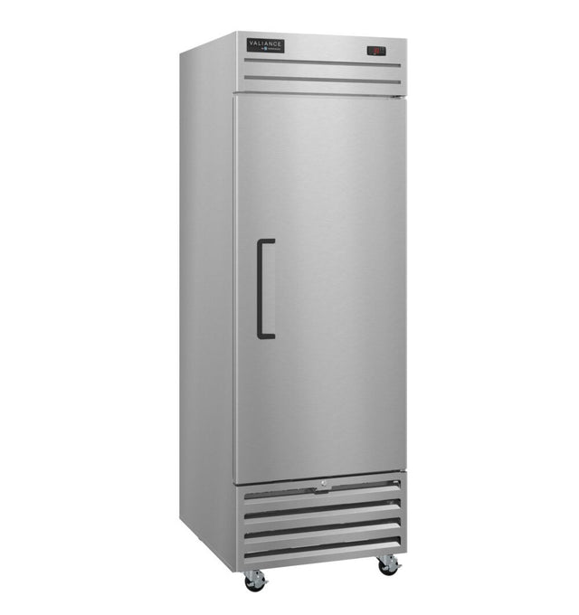 The Valiance Series Refrigerator is a tall, stainless door refrigerator with a single solid door, vertical handle, and digital display at the top right. Its modern, industrial design includes ventilation slats and four caster wheels for easy mobility.