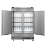 A large Valiance Series two-section refrigerator with stainless doors stands on wheels, its double doors open to reveal three adjustable metal wire shelves inside. The spacious interior is empty, and a digital control panel is visible at the top right.